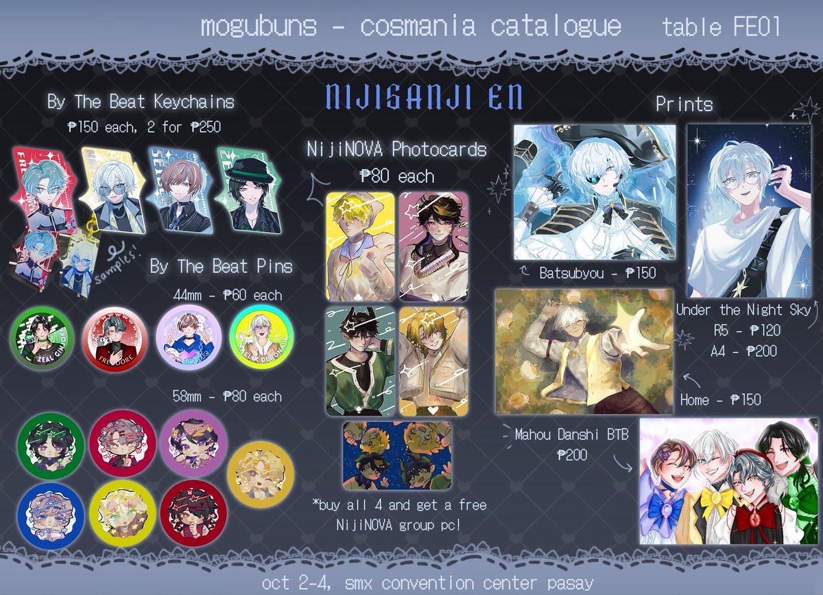 mogubuns's tweet photo. heres my full #cosmania2026 catalogue!
(likes and rts are appreciated!)

♱ table FE01 w/ @/mcfrick_ + @/ponderinne 
♱ preorders : sept 27-oct 1, 8:30pm
♱ https://t.co/rvigEKBIf3

🏷️ genshin, hsr, zzz, nijisanji en, nijien, by the beat, danganronpa, alnst, 100 line, etc.

(1/2) https://t.co/WgWGpZzMJz