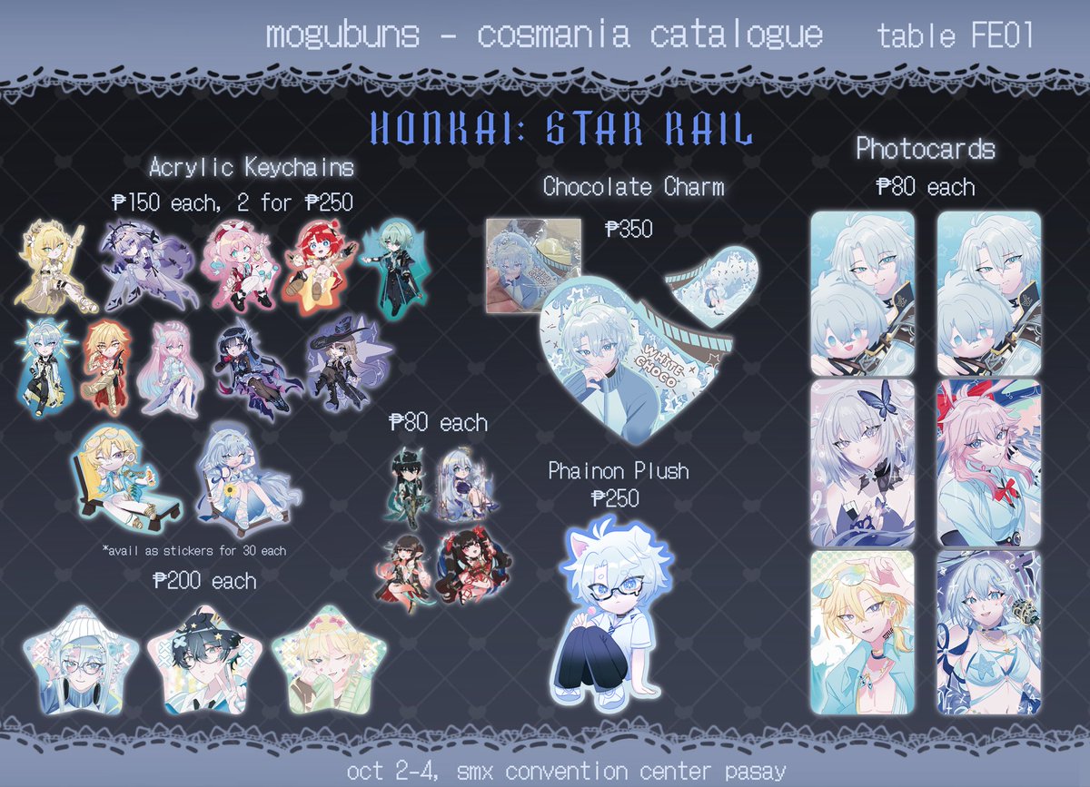 mogubuns's tweet photo. heres my full #cosmania2026 catalogue!
(likes and rts are appreciated!)

♱ table FE01 w/ @/mcfrick_ + @/ponderinne 
♱ preorders : sept 27-oct 1, 8:30pm
♱ https://t.co/rvigEKBIf3

🏷️ genshin, hsr, zzz, nijisanji en, nijien, by the beat, danganronpa, alnst, 100 line, etc.

(1/2) https://t.co/WgWGpZzMJz