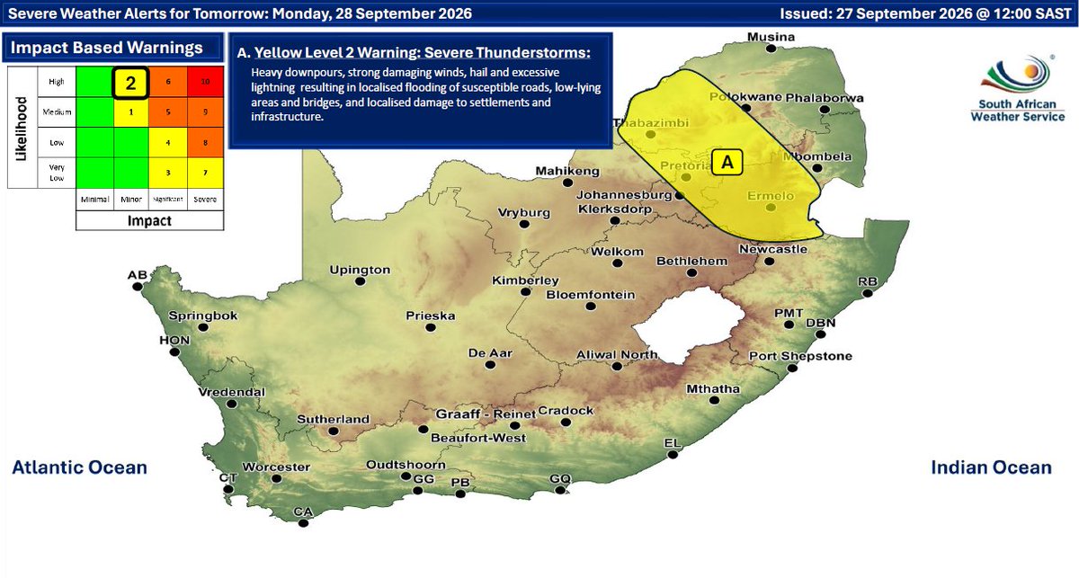 SAWeatherServic's tweet photo. Weather forecast for today and tomorrow: 27–28 September 2026.
Partly cloudy and warm conditions are expected, but it will be cool in places across the southeastern parts of the RSA, with isolated to scattered thunderstorms possible over the eastern parts of the country.
#saws https://t.co/QUTpR2WMH9
