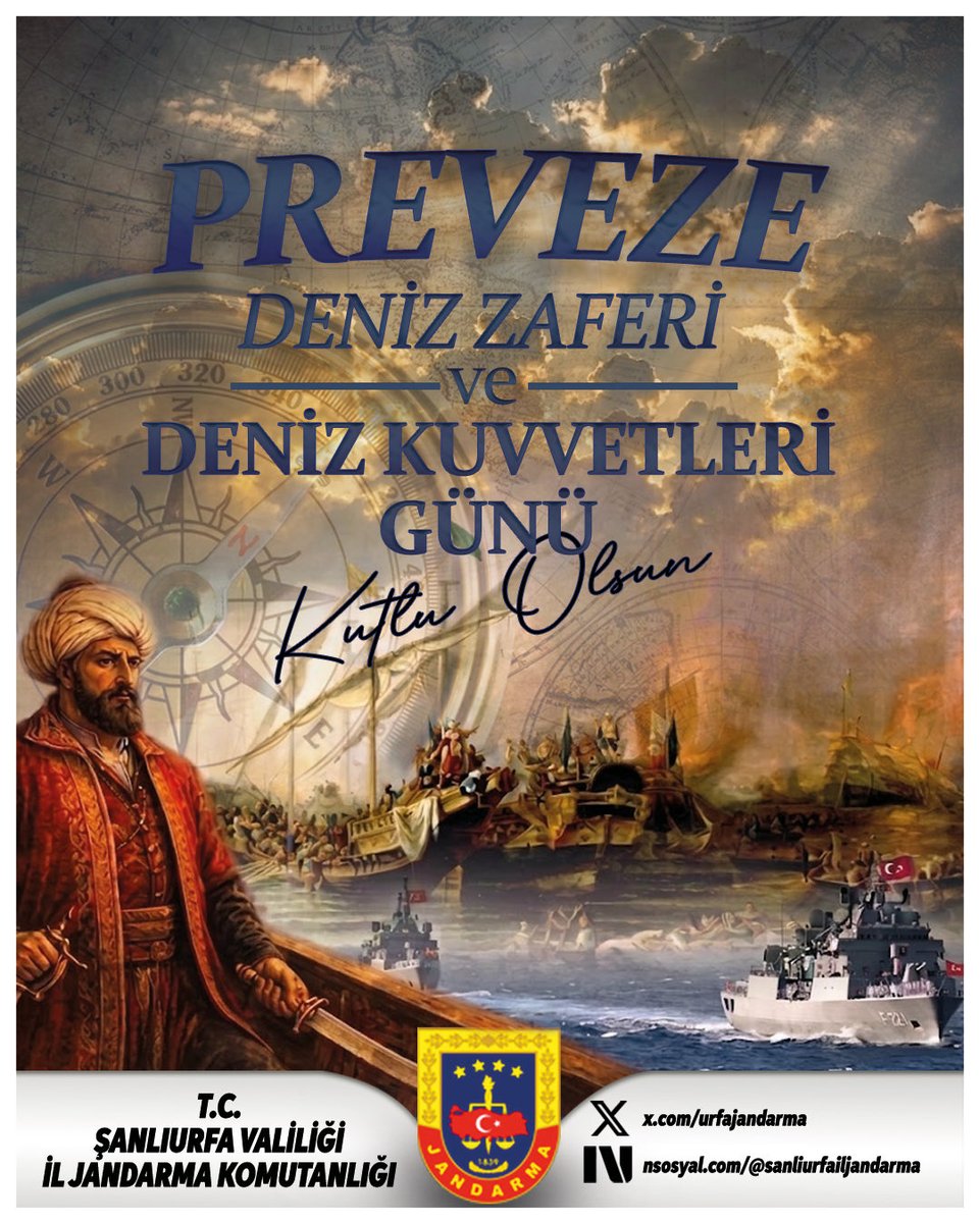 urfajandarma's tweet photo. “Denizlere hâkim olan, cihana hâkim olur!” 🇹🇷⚓️

Preveze Deniz Zaferi ve Deniz Kuvvetleri Günü kutlu olsun! https://t.co/JfC7Ctr45h