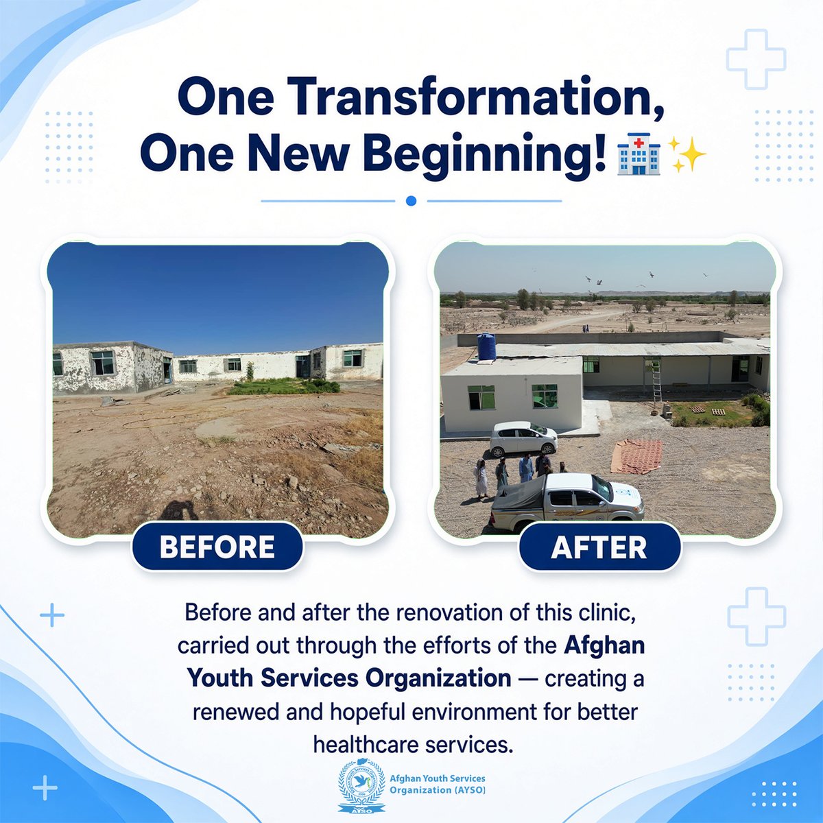 ayso2006's tweet photo. One Transformation, One New Beginning!

Before and after the renovation of this clinic, carried out through the efforts of the Afghan Youth Services Organization — creating a renewed and hopeful environment for better healthcare services. https://t.co/O0Ks6Kj0MY