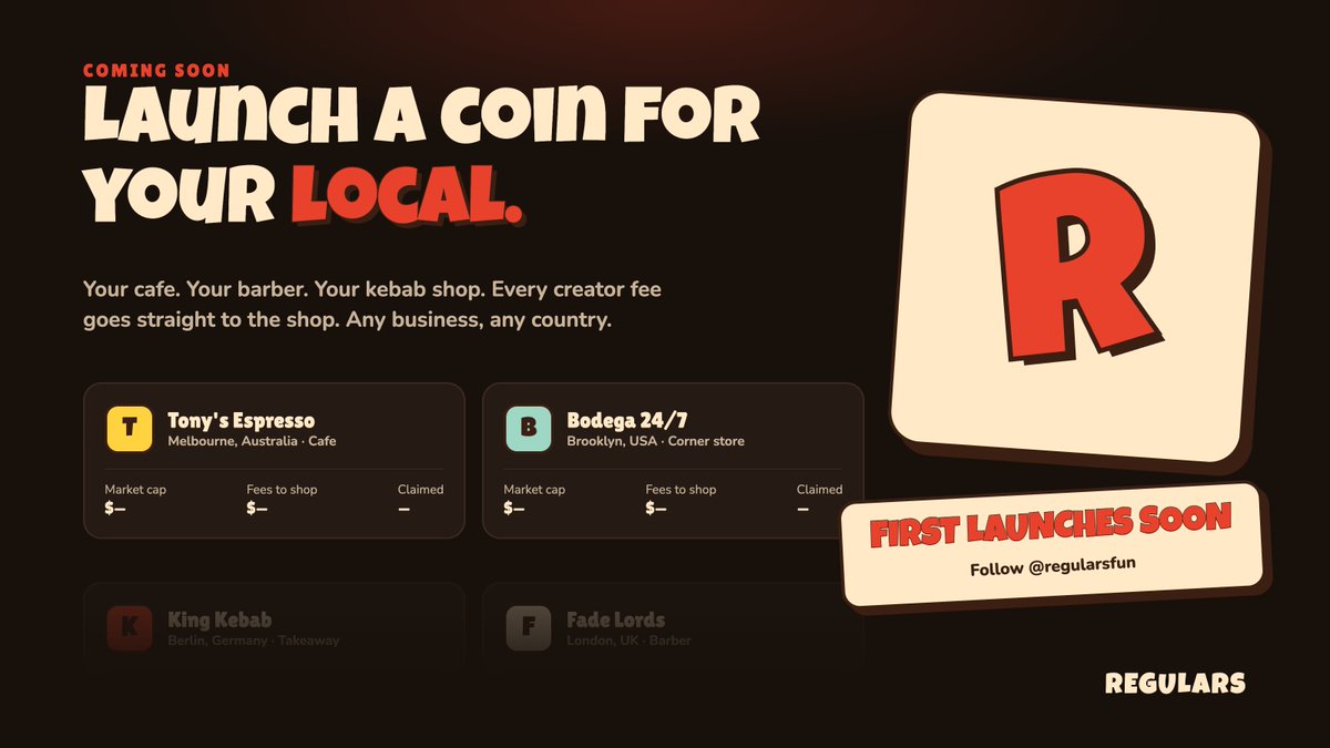 regularsfun's tweet photo. your cafe. your barber. your kebab shop.

launch a coin for your favourite shops. 100% of creator fees go straight to the shop.

any business, any country. if it's on google maps, it can be a regular.

coming soon. 👀 https://t.co/aCtbJyJcyb