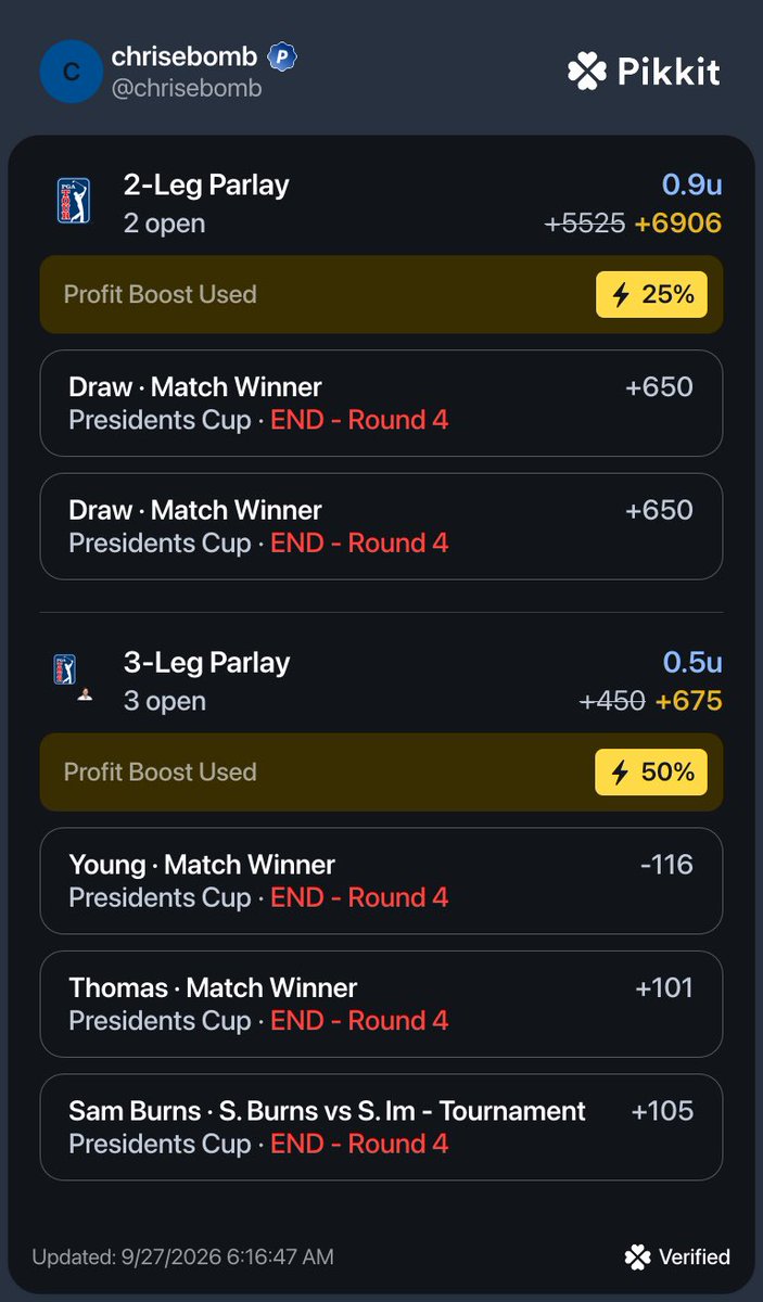 ChrisEbomb's tweet photo. Presidents cup singles bets https://t.co/aesHoUhnFM