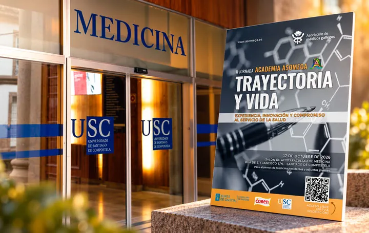 Asomega's tweet photo. 🩺 La medicina también se aprende escuchando a quienes ya han abierto camino.

Vuelve «Trayectoria &amp; Vida»: experiencia, innovación y vocación para inspirar a las nuevas generaciones.

📅 17 octubre | Fac. Medicina @UniversidadeUSC
✍️ Inscripción previa

🌐https://t.co/uzpnWeoy4K https://t.co/JtVHHEp44T
