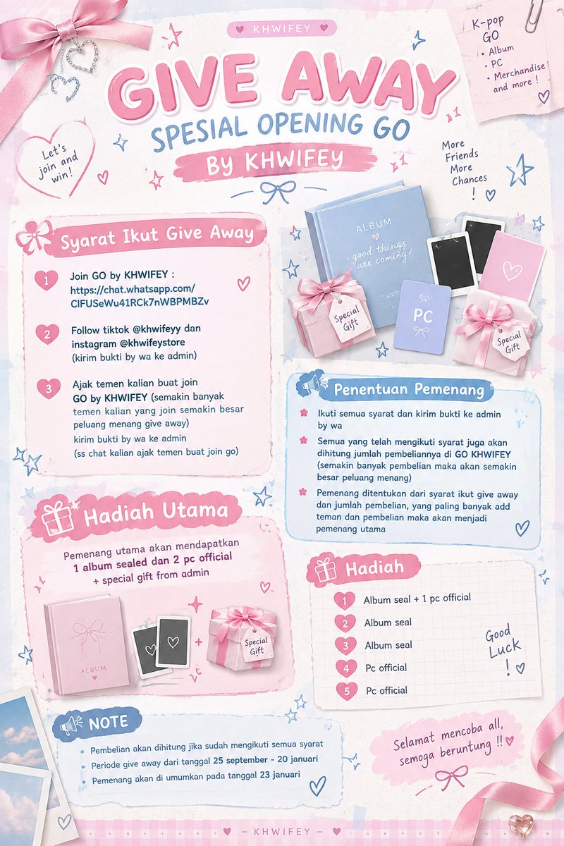nonovv14's tweet photo. 🎀GIVE AWAY SPESIAL OPENING GO BY KHWIFEY🎀

*🖇️syarat ikut give away*
•join GO by KHWIFEY : https://t.co/0I1st9q4Qg
•follow tiktok @khwifeyy dan instagram @khwifeystore (kirim bukti by wa ke admin)
•ajak temen kalian buat join GO by KHWIFEY https://t.co/fwTcSpqZlf