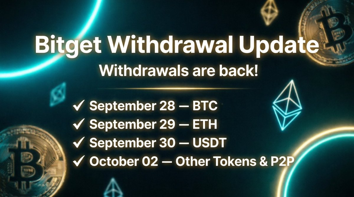 Junaedkabir41's tweet photo. 🚨 @bitget Withdrawal Official Update 🚨

Withdrawals are back on Bitget! 🎉

Save the schedule below 👇

September 28 — BTC Withdrawals Available

September 29 — ETH Withdrawals Available

September 30 — USDT Withdrawals Available

October 02 — Other Tokens and P2P Available

📢 This is great news for those who had funds stuck on Bitget