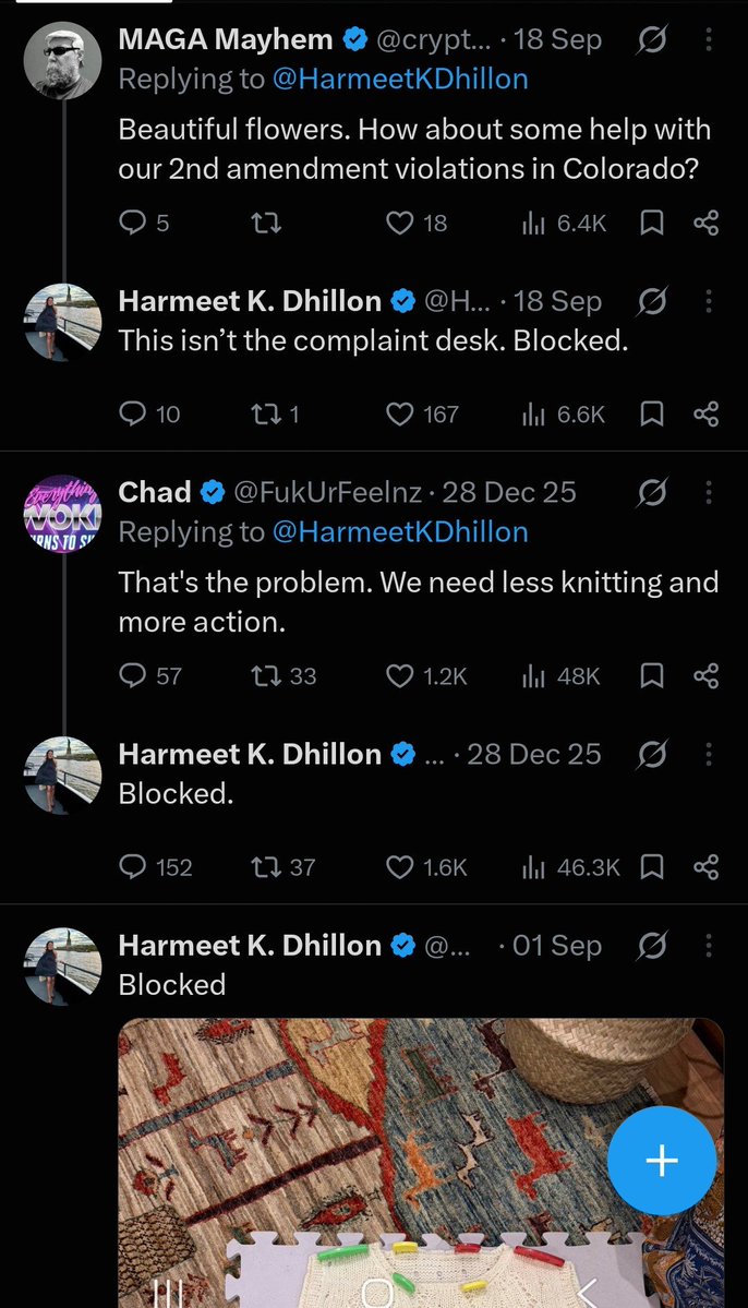 MMk9dhi's tweet photo. @tx_hcn @HarmeetKDhillon @ChiefTrumpster @FBI @FBI_Response Yes, look up the word blocked in her replies. She should've been removed already. I wasn't aware of this until now. https://t.co/myYnkRex5u