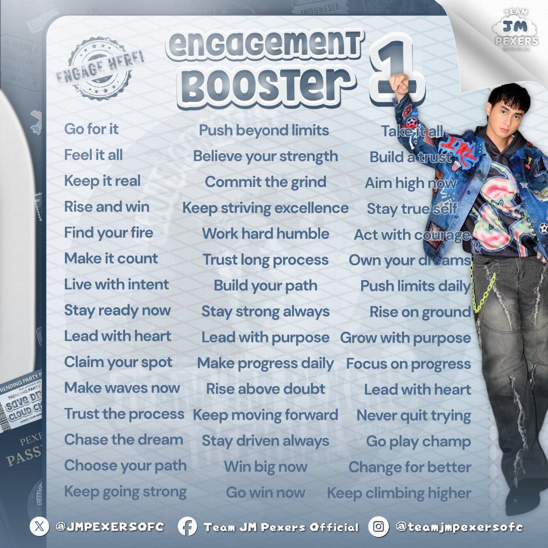 JMPEXERSOFC's tweet photo. 𝗘𝗡𝗚𝗔𝗚𝗘𝗠𝗘𝗡𝗧 𝗕𝗢𝗢𝗦𝗧𝗘𝗥 𝗧𝗜𝗠𝗘 ˳ᐟ

Cloud Chasers, it’s time to lift our tagline! Drop your tweets below and help this flight soar straight to the top! 

Reply • Retweet • Requote • Engage

JMFYANG WEAR THE MOMENT
#SOFIASMITHRunwayChic
#JMIBARRAStyleInEveryMove https://t.co/OTfZYuPNgi