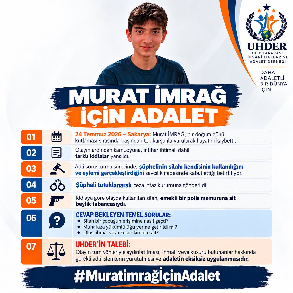 uainsancocuk's tweet photo. 24 Temmuz 2026’da Sakarya’da hayatını kaybeden Murat İMRAĞ için adalet talebimizi yineliyoruz. Olayın tüm yönleriyle aydınlatılmasını, silahın bir çocuğun erişimine nasıl geçtiğinin ve olası ihmal veya kusurların eksiksiz araştırılmasını istiyoruz. Hukuki sürecin titizlikle yürütülmesinin ve sorumluluğu bulunanlar hakkında gerekli adli işlemlerin uygulanmasının takipçisi olacağız. Adalet, hiçbir soru işareti bırakmayacak şekilde tecelli etmelidir. ⚖️

#MuratİmrağİçinAdalet