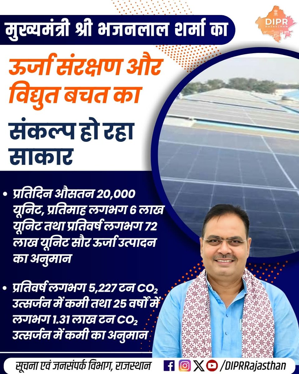 DIPRRajasthan's tweet photo. ऊर्जा संरक्षण की दिशा में राजस्थान की नई पहल...  

 मुख्यमंत्री श्री भजनलाल शर्मा का  ऊर्जा संरक्षण और विद्युत बचत का संकल्प हो रहा साकार....  

राजस्थान की हर नई पहल, हर नवाचार और हर जनकल्याणकारी योजनाओं की जानकारी के लिए फॉलो करें @DIPRRajasthan

@BhajanlalBjp
@KumariDiya 
@DrPremBairwa
@RajCMO 
@RajGovOfficial 

#SolarEnergy #RenewableEnergy #EnergyConservation #EnergySaving #DravyavatiRiver #SolarPower #CleanEnergy #DIPRRajasthan #आपणो_अग्रणी_राजस्थान