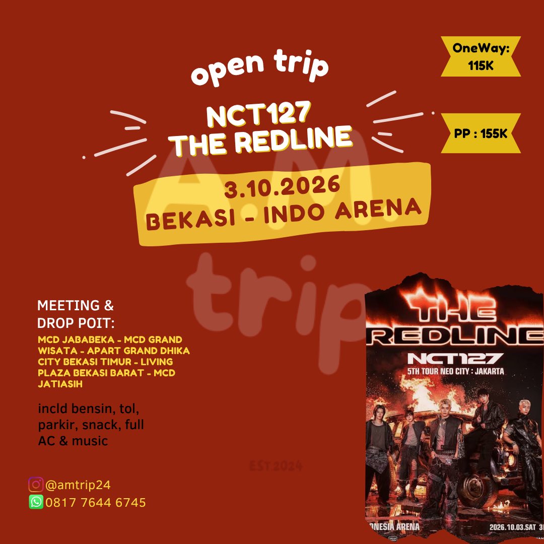 AMTrip24's tweet photo. Hi 👋🏻
Kita open trip konser NCT127
Bekasi - Indonesia Arena

✔️ada group whatsapp
✔️sisa 2 slot❗️

Detail &amp; Booking : 081776446745 / isi Gform https://t.co/uZxVP079ef

#opentripkonsernct127 #opentripkonsermurah #nct127injakarta #nct12theredlineinjakarta #theredlineinjkt https://t.co/M6TsdzsNus