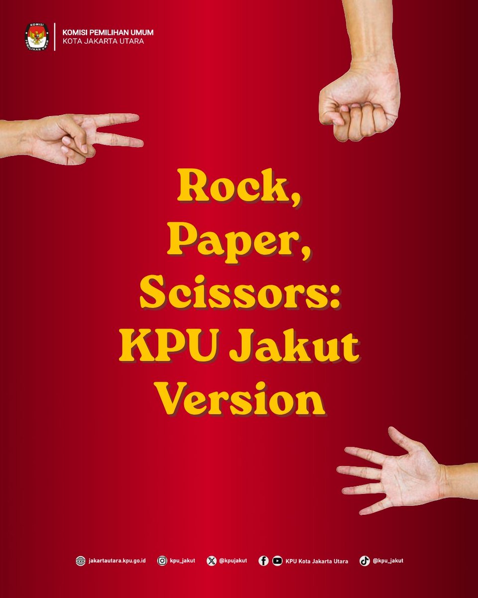 kpujakut's tweet photo. Main ✂️🪨📄 emang seru, tapi nentuin pilihan wajib pakai logika!
Tag atau share ke grup keluarga kamu, biar nggak ada lagi broadcast asal forward tanpa cross-check!
#KPUJakut
#KPUMelayani
#TemanPemilih
#WaktunyaAnakMuda
#RockPaperScissors https://t.co/TRv2Lmr0Kr