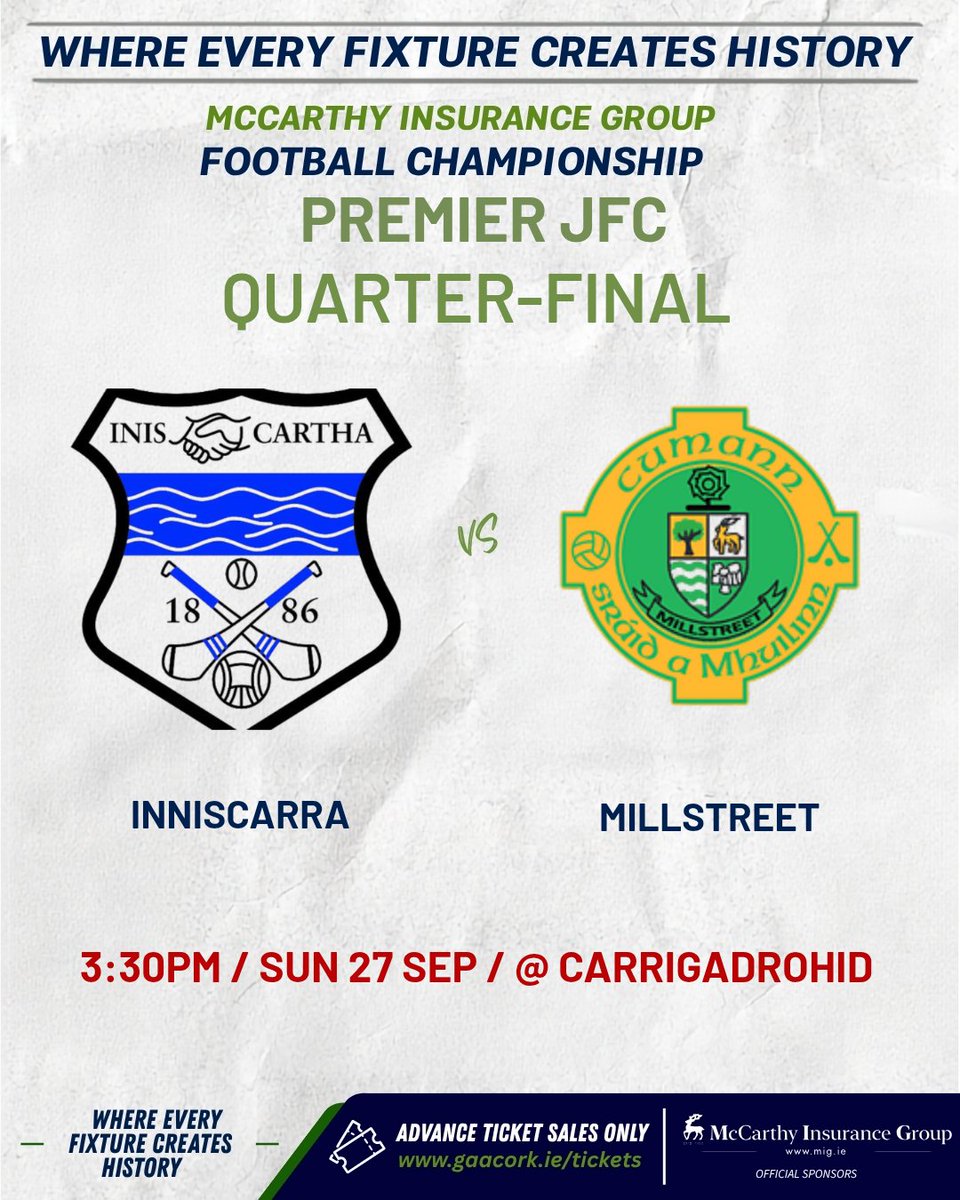 OfficialCorkGAA's tweet photo. MATCH DAY | PREMIER JFC
@ScarraGAA v @MillstreetGaa
π Premier JFC
π
Sunday 27 September 2026
β° 15:30
π Carrigadrohid
ποΈ Advance tickets: https://t.co/GSTjl2qFQX
Best of luck to both teams! π΄βͺ
#CorkGAA #GAACork #PremierJfc https://t.co/Bc8RwUlVSl
