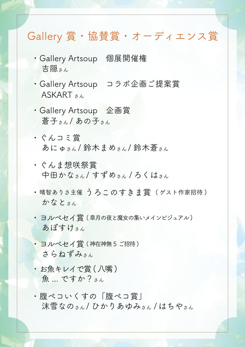 GalleryArtsoup's tweet photo. #めぶくアートコンテスト5 皆さまお疲れ様でした！

こちら、最終結果となります。
ランクイン・受賞された方おめでとうございます！

後日、賞についての詳細をメールにてご連絡いたします。 https://t.co/ArhwtqpJZT