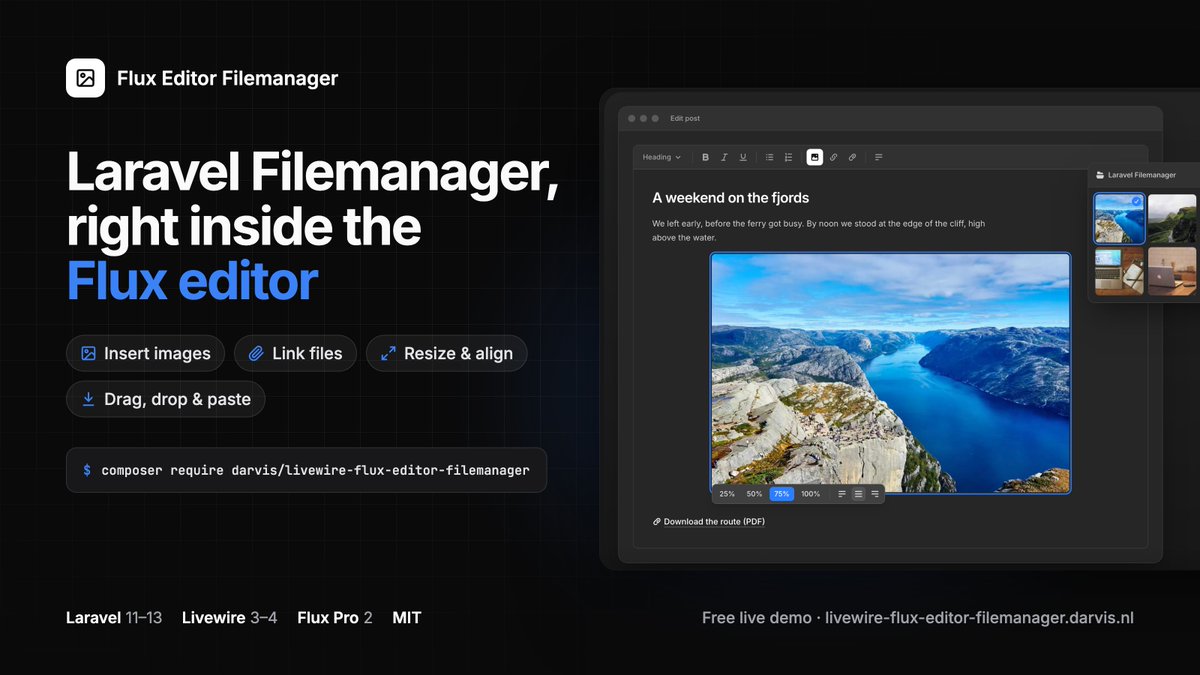 JongArvid's tweet photo. https://t.co/fBgIbrn2kY

Using the Flux Pro rich text editor in your Laravel app? Pull your images and files straight from Laravel Filemanager.

🖼️ Pick one or more images from your own file manager
📎 Insert links to PDFs and other files
↔️ Resize to 25, 50, 75 or 100% and align left, center or right
✏️ Double-click an image to edit alt text, title, classes and styles
📥 Drag, drop or paste images straight into the editor
🩺 php artisan flux-filemanager:check tells you what to fix

Try the live demo first: you get your own sandbox, nothing to install. When you like it:
composer require darvis/livewire-flux-editor-filemanager

Free and MIT licensed. Needs Flux Pro.

Built on the great work of @calebporzio on Livewire and Flux 🙌

#Laravel #Livewire #FluxUI #FileManager #PHP