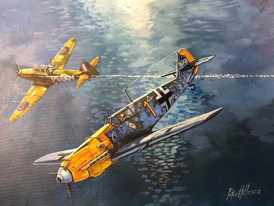 petehill854's tweet photo. Painting l did in 2018. 
Messerschmitt BF-109E of Josef ‘Pips’ Priller during the Battle of Britain. 
Gouache on paper 42 x 29 cm https://t.co/u6exFATTFM