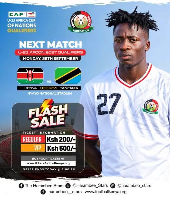 pepeta_ke's tweet photo. 🚨 FLASH SALE! 🎟️

Kenya U-23 vs Tanzania U-23 is tomorrow!

Get your tickets at the flash sale price before 6 PM today!

Get your tickets: https://t.co/o6HORuAcMT

#EmergingStars #Pepeta #FootballKE https://t.co/A9XImPdSTp