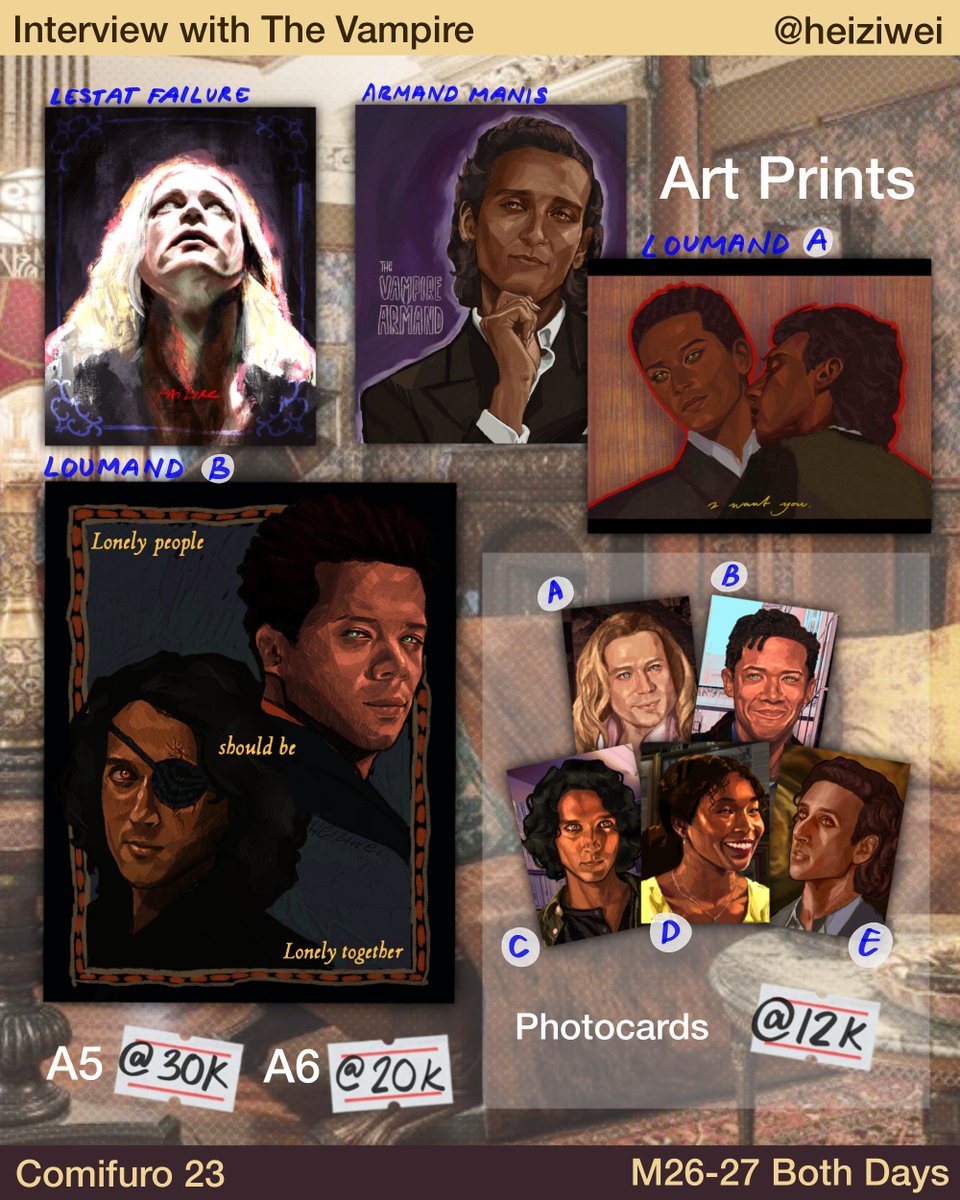 heiziwei's tweet photo. [💛&amp; 🔁 appreciated!]

🌀 heiziwei’s #Comifuro23 #CF23 PO pickup &amp; mail order catalogue
🏠 Booth M26-27
🗓️ Both Days
🔗 po link below! (close 7 Oct)

🩸Interview with The Vampire (IWTV), HPDM/Drarry, Hannibal, Mickey17, Mitski, Boygenius, Lucy Dacus, no na https://t.co/DIODiCrtxC