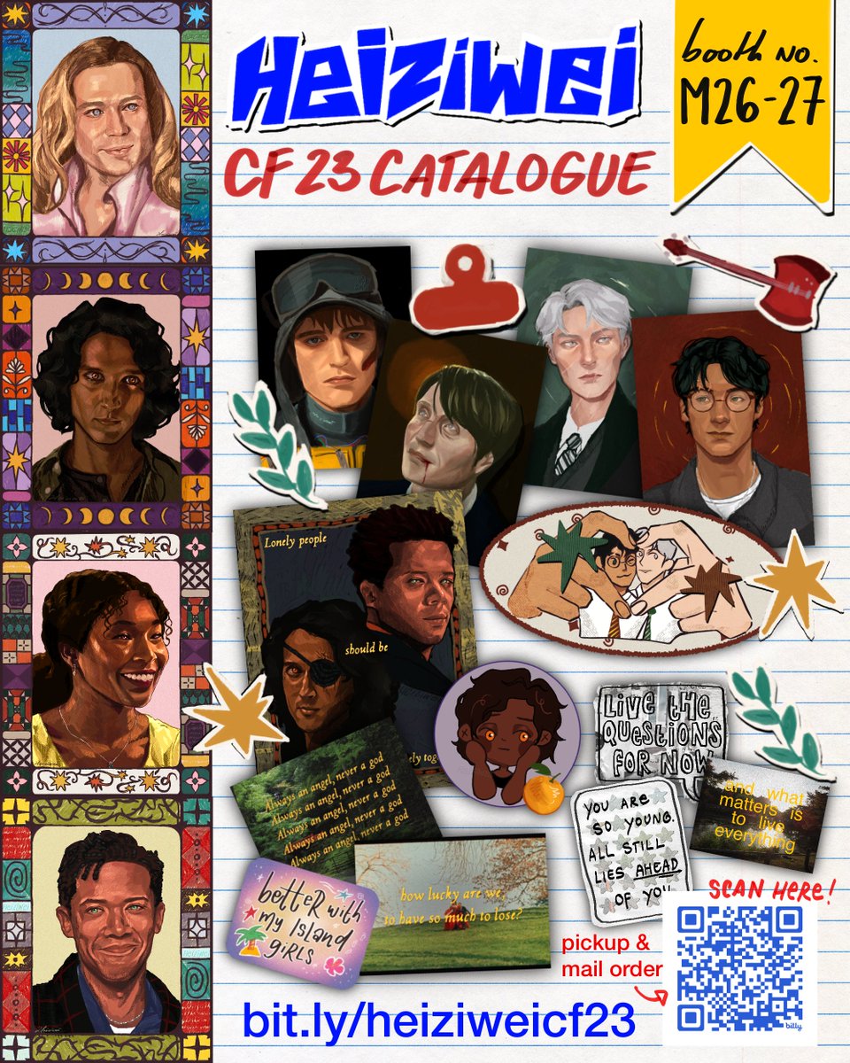 heiziwei's tweet photo. [💛&amp; 🔁 appreciated!]

🌀 heiziwei’s #Comifuro23 #CF23 PO pickup &amp; mail order catalogue
🏠 Booth M26-27
🗓️ Both Days
🔗 po link below! (close 7 Oct)

🩸Interview with The Vampire (IWTV), HPDM/Drarry, Hannibal, Mickey17, Mitski, Boygenius, Lucy Dacus, no na https://t.co/DIODiCrtxC