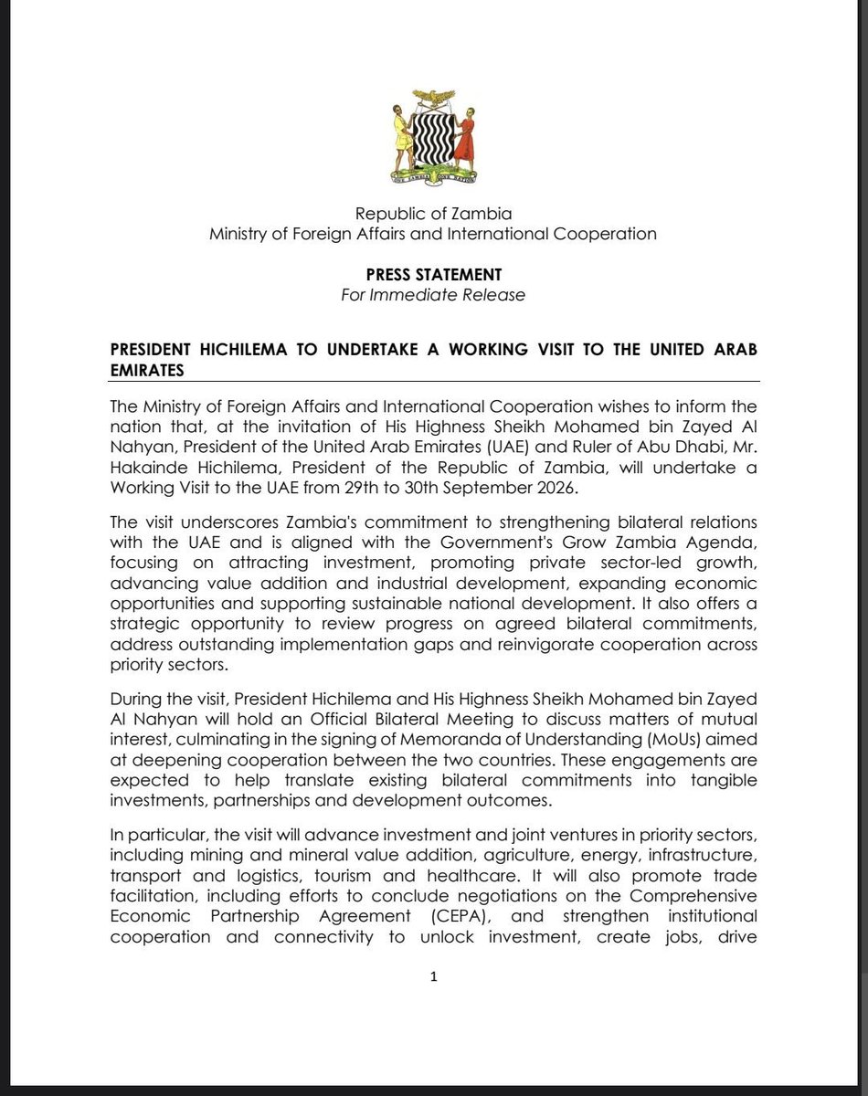 ZambiaMFAIC's tweet photo. PRESIDENT HICHILEMA TO UNDERTAKE A WORKING VISIT TO THE UNITED ARAB EMIRATES.

#ZambiaUAERelations
#BilateralCooperation 
#GrowZambiaAgenda 
#ForeignAffairsZambia https://t.co/EZLCqRfpPe