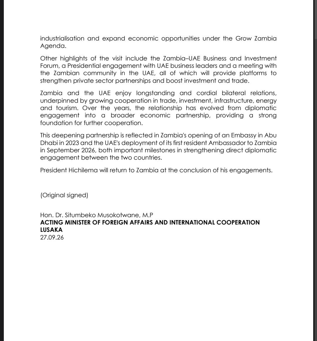 ZambiaMFAIC's tweet photo. PRESIDENT HICHILEMA TO UNDERTAKE A WORKING VISIT TO THE UNITED ARAB EMIRATES.

#ZambiaUAERelations
#BilateralCooperation 
#GrowZambiaAgenda 
#ForeignAffairsZambia https://t.co/EZLCqRfpPe