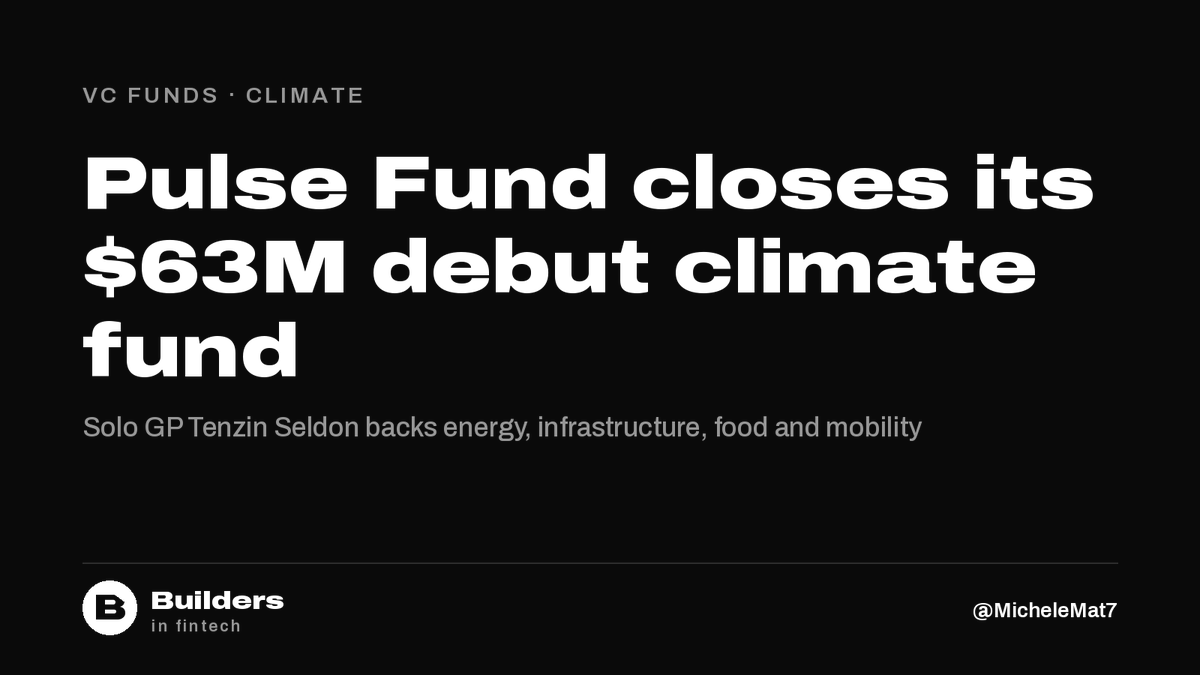 MicheleMat7's tweet photo. Pulse Fund closes its debut fund at $63M to back early-stage climate companies across energy transition, infrastructure, food and agriculture, and mobility.

Solo GP Tenzin Seldon leads it; Beneficient is among the first institutional LPs. https://t.co/tG0F2dRybq