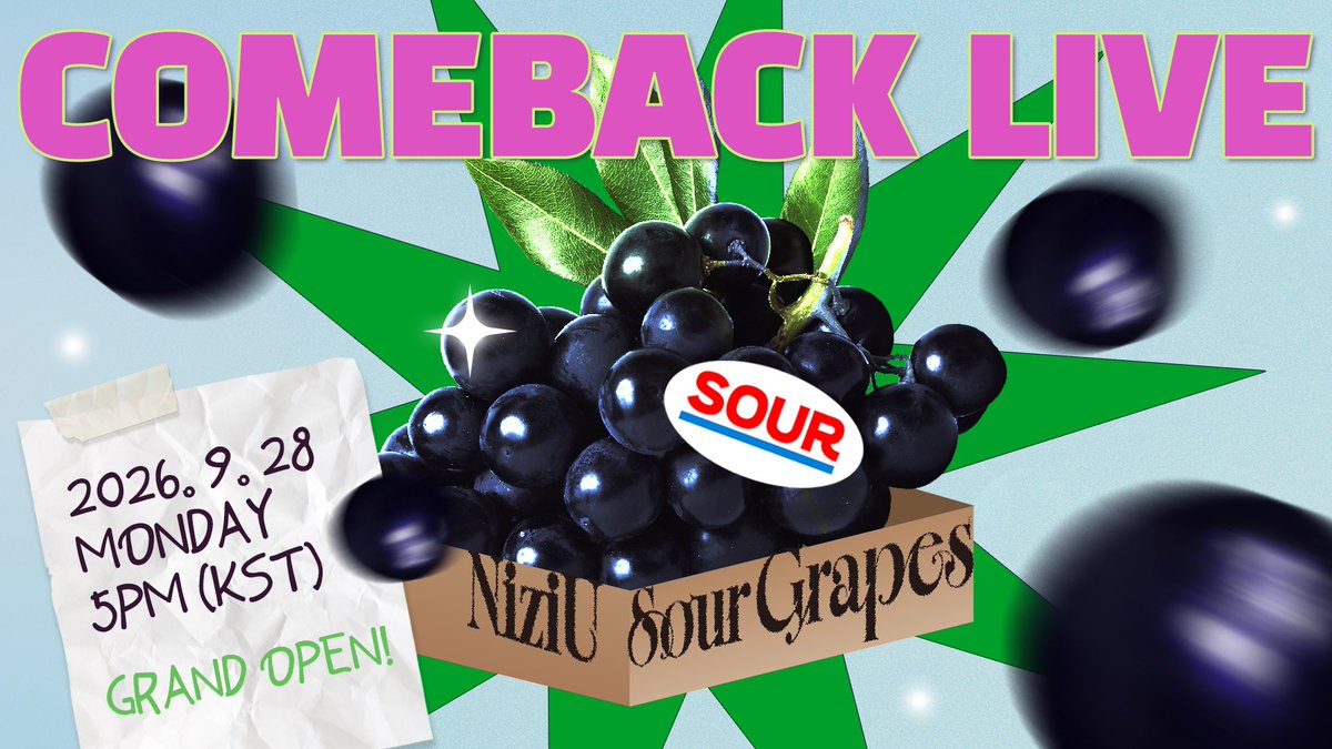NiziU__official's tweet photo. NiziU(니쥬) Korea 1st Mini Album "Sour Grapes"
COMEBACK LIVE

🍇 2026.09.28 (MON) 5PM (KST)
🍇 https://t.co/bPgHr6rNcI

#NiziU #니쥬
#SourGrapes
#NiziU_SourGrapes https://t.co/IJCPUmOCaS