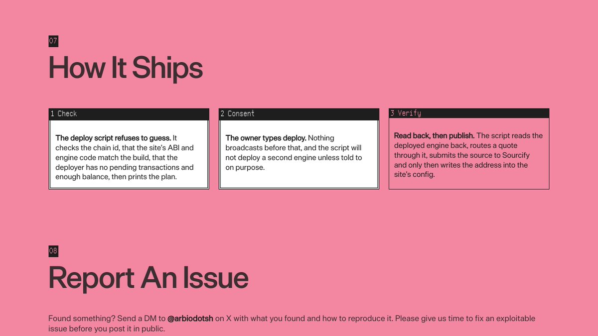 arbiodotsh's tweet photo. How the engine shipped. The deploy script checks the chain id, the build and the deployer. Nothing broadcasts until the owner types deploy. Then it reads the engine back, routes a quote through it, submits the source to Sourcify and only then writes the address into the site. https://t.co/KpOXjDIbaw