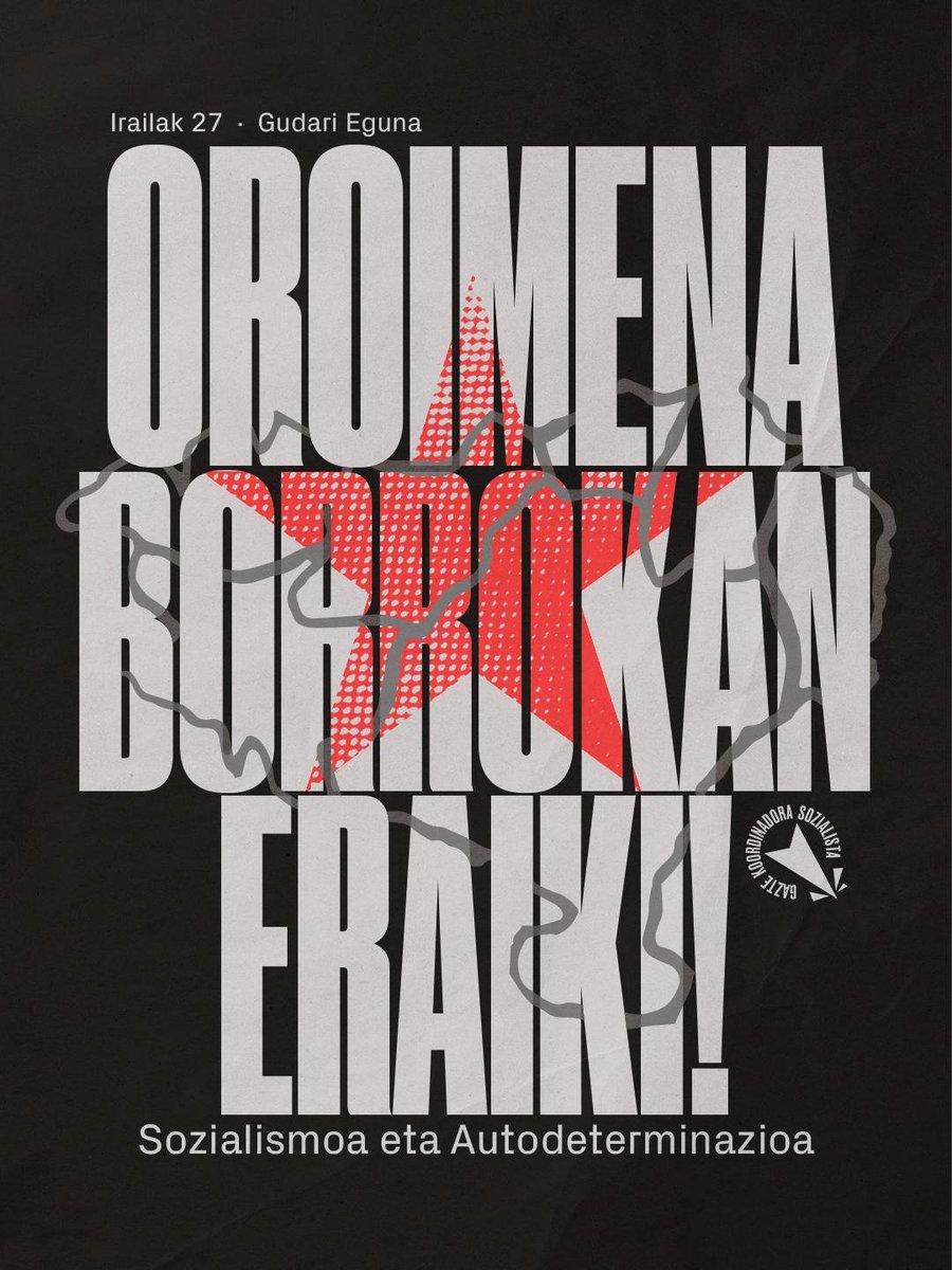 GKSozialista's tweet photo. 🌹Gudari Eguna

Borroka ez da etengo zapalkuntzak dirauen bitartean. 

Euskal Herrian nazio zapalkuntzari aurre egin behar diogu. Bestetik, antifaxismo indartsu bat eraiki behar dugu, militantzian oinarrituta.

Autodeterminazioa eta sozialismorekiko konpromisoa berresten dugu. https://t.co/QaUAOzYfoL