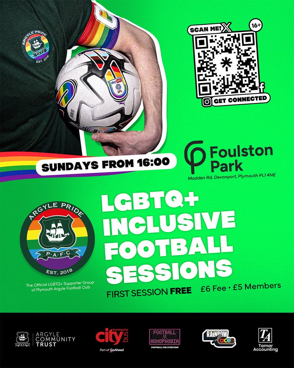 ArgylePride's tweet photo. Tonight @1600 we continue our football sessions for the LGBTQ+ at @TheHubFoulston 
Wanna give football a try why not come along &amp; meet us, contact us for more info 🏳️‍🌈⚽️💚
#pafc #LGBTQI #plymouthpride @PLsportsnews https://t.co/39CXszPezx