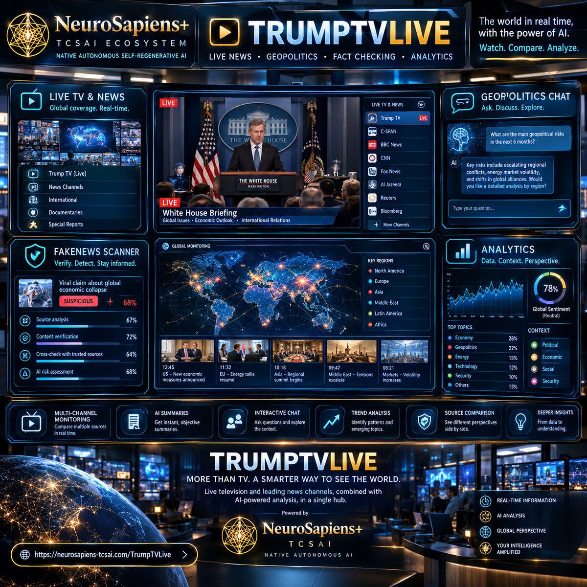 TonyCantero's tweet photo. #AhoraEnVivo #TrumpTV y 12 canales de noticias se transmiten en vivo en #NeuroSapiens+ equipado con funciones interactivas y creativas para #informar y #compartir: #TV #ENVIVO #NOTICIAS, #GEOPOLÍTICA #CHAT #NOTICIASFALSAS #ESCANER #ANÁLISIS. https://t.co/K5hYe6nLmA #TCSAI #Trump https://t.co/eod6IidmW4