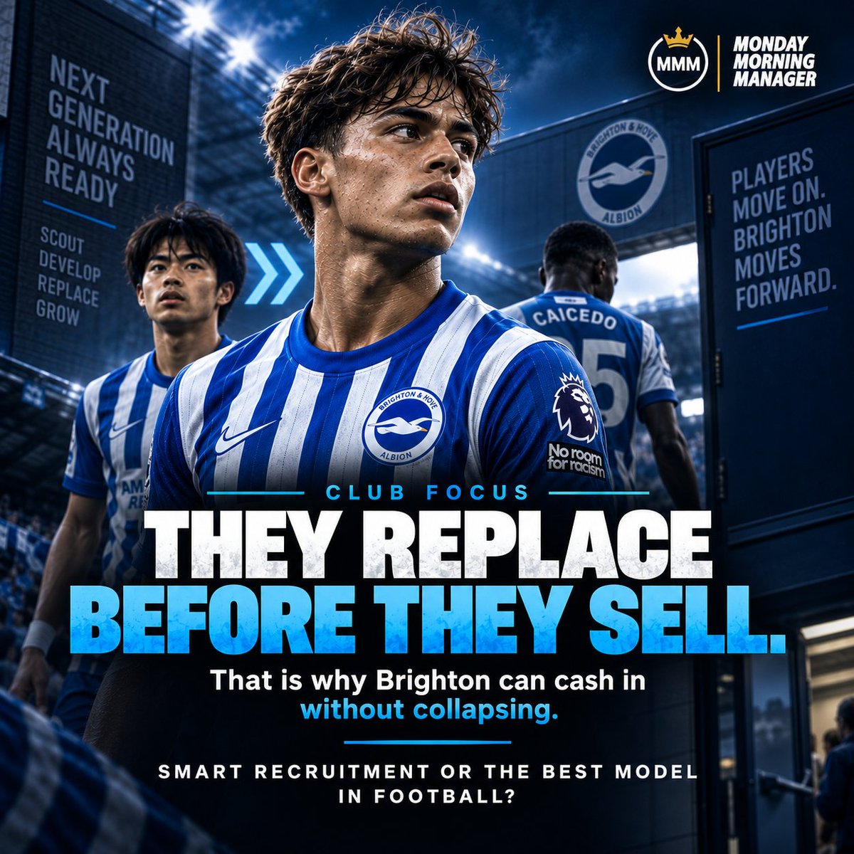 monday_manager's tweet photo. 💰 €665M in player sales - and Brighton keep rebuilding.

Their edge isn’t just selling high.

It’s finding talent early, developing it, and preparing the replacement before the problem arrives. 🧠⚽

What matters most?

🟢 Scouting 🟡 Development 🔴 Timing

#BHAFC #MMM https://t.co/uz2atadZym