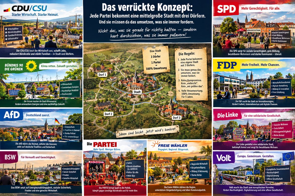 realCDU's tweet photo. Verrücktes Konzept, wir geben jeder Partei in Deutschland eine mittelgroße Stadt mit drei Dörfern und sie müssen da das umsetzen was sie schreiben. Nicht das was sie grade für richtig halten sondern hart durchziehen was sie immer palavern. https://t.co/QPMBoK3knb