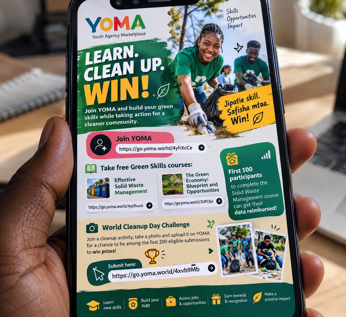 VDCCCLXXIV's tweet photo. 🌍♻️ Learn. Clean Up. Win!

Join YOMA, build green skills, complete free courses, and take part in the World Cleanup Day challenge for a chance to earn rewards. 💚

Join YOMA: https://t.co/4SChyCkYsQ

#YOMA #GreenSkills #WorldCleanupDay https://t.co/LC3ir02gGw
