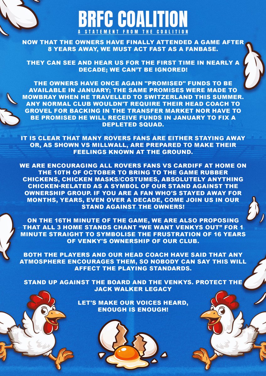 BRFCCoalition's tweet photo. On the 10th of October, vs Cardiff, bring anything chicken-related to the game #Rovers fans! 🐔

The Venky's have finally shown their faces, we must ACT NOW whilst we have their attention

On the 16th minute we are also encouraging all fans to participate in a VENKYS OUT chant 🍗 https://t.co/D1CqYx8u87