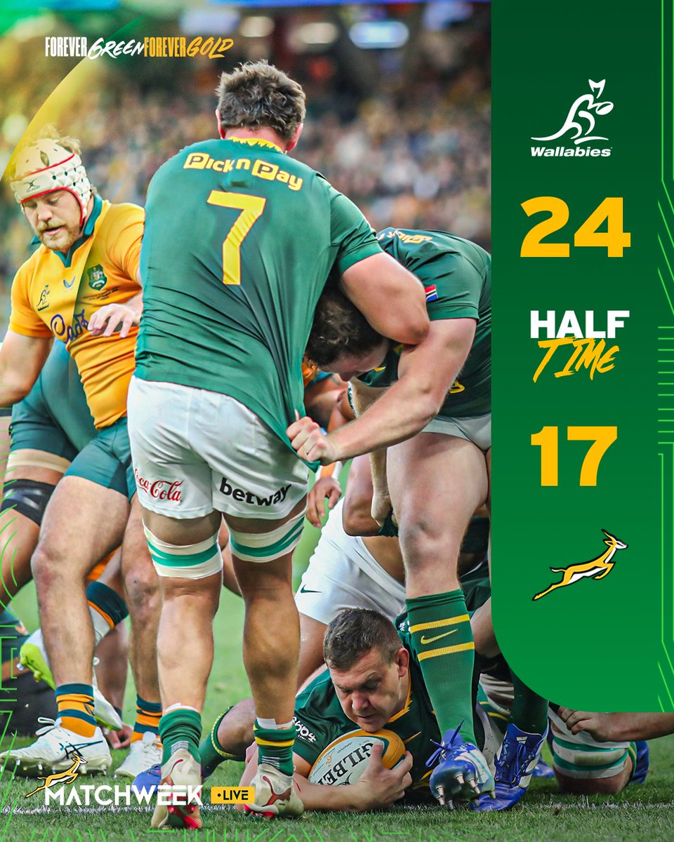 Springboks's tweet photo. It's a seven-point game at the break in Perth ⏰
Live updates: https://t.co/HvYk0c1k0W 🏉
#Springboks #ForeverGreenForeverGold https://t.co/ophga2ua2G