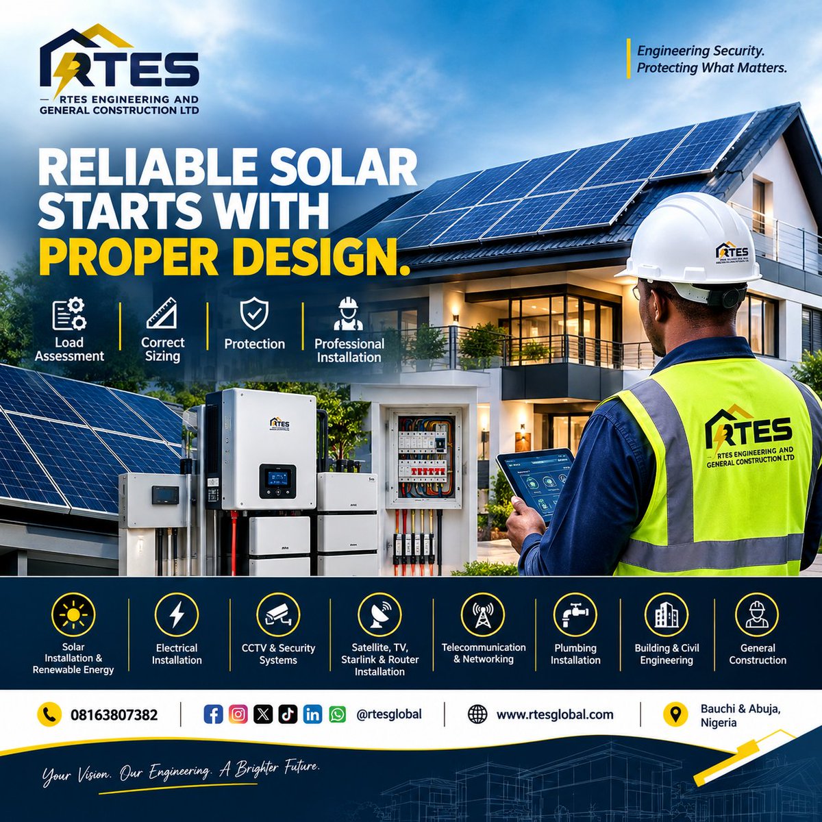rtesglobal's tweet photo. A reliable solar system starts with proper design not simply a bigger inverter.

Load assessment, correct sizing, battery and panel selection, protection, and professional installation all matter.

At RTES, we engineer solutions around your actual energy needs.

📞 08163807382 https://t.co/5zoBtSBFz5