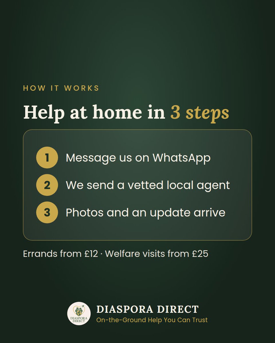 Diaspora_Direct's tweet photo. 3 steps to help at home: 1) WhatsApp us 2) We send a vetted agent 3) You get photos and an update. Errands from £12, welfare visits from £25. https://t.co/x5VmUfXwxg #DiasporaDirect https://t.co/gpzAwhwZtT
