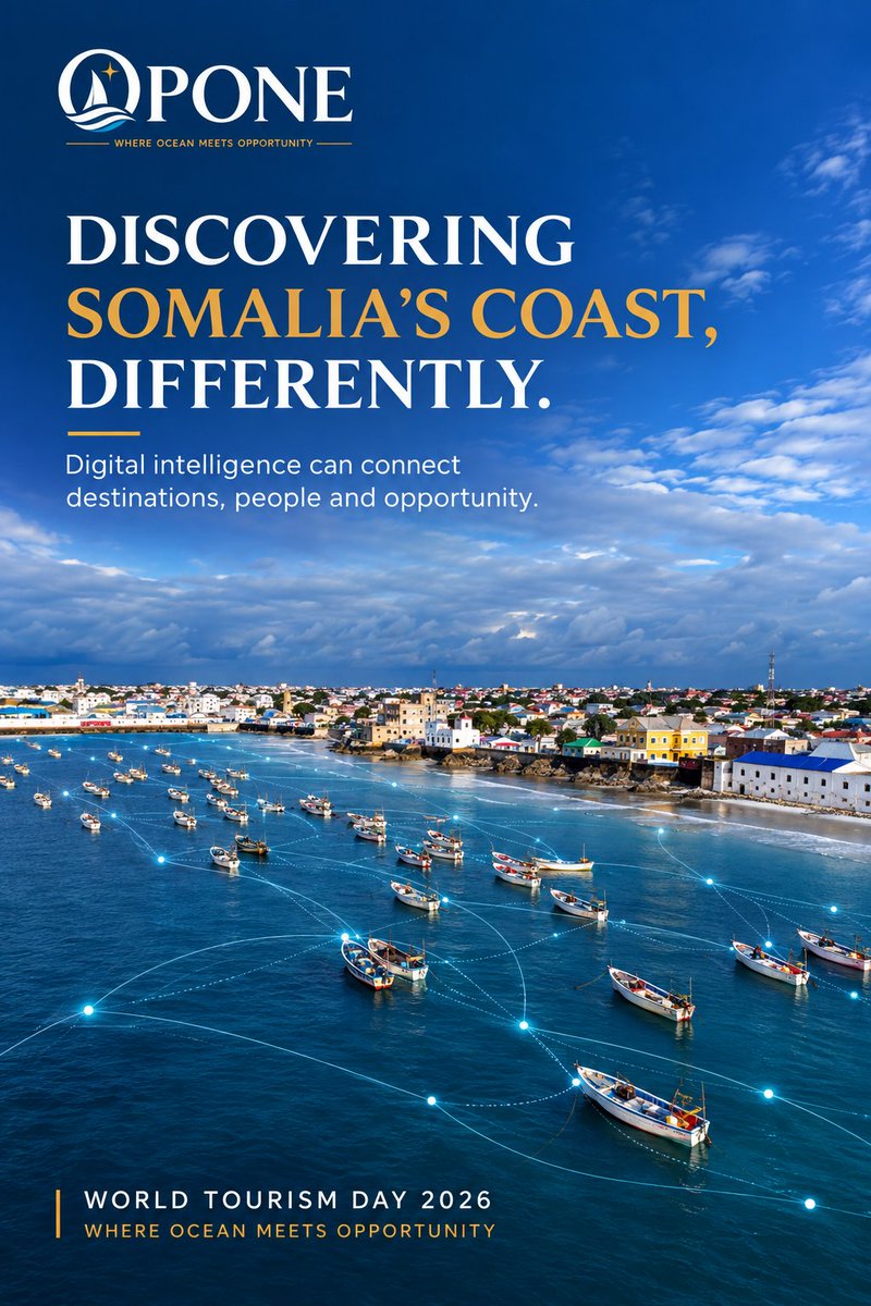 opone_so's tweet photo. OPONE joins the global celebration of World Tourism Day 2026. 🌊 
This year’s theme highlights how digital intelligence and AI can reshape tourism. From Somalia’s coast, we see an opportunity to connect people, ocean and opportunity. 
#WorldTourismDay2026 #OPONE #Somalia https://t.co/VVYFMG3x2U