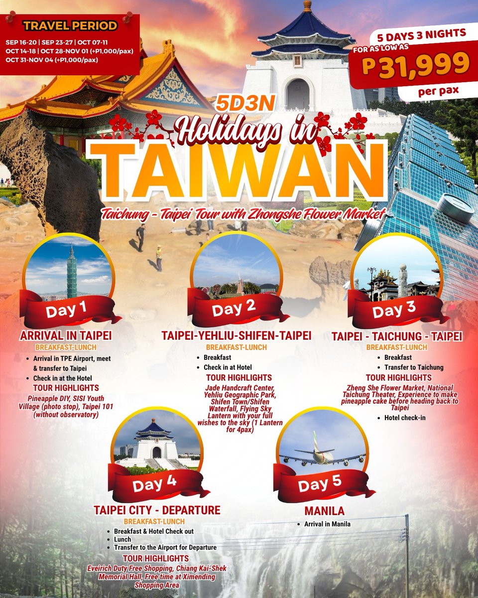 oliviawalkera46's tweet photo. 5D3N Taiwan holiday from PHP 31, 999 per person! Explore Taichung and Taipei with flights, hotel, meals, transfers, tours, and more included. Travel dates: September–November. Book your Taiwan break now! https://t.co/00FzcgaYTI