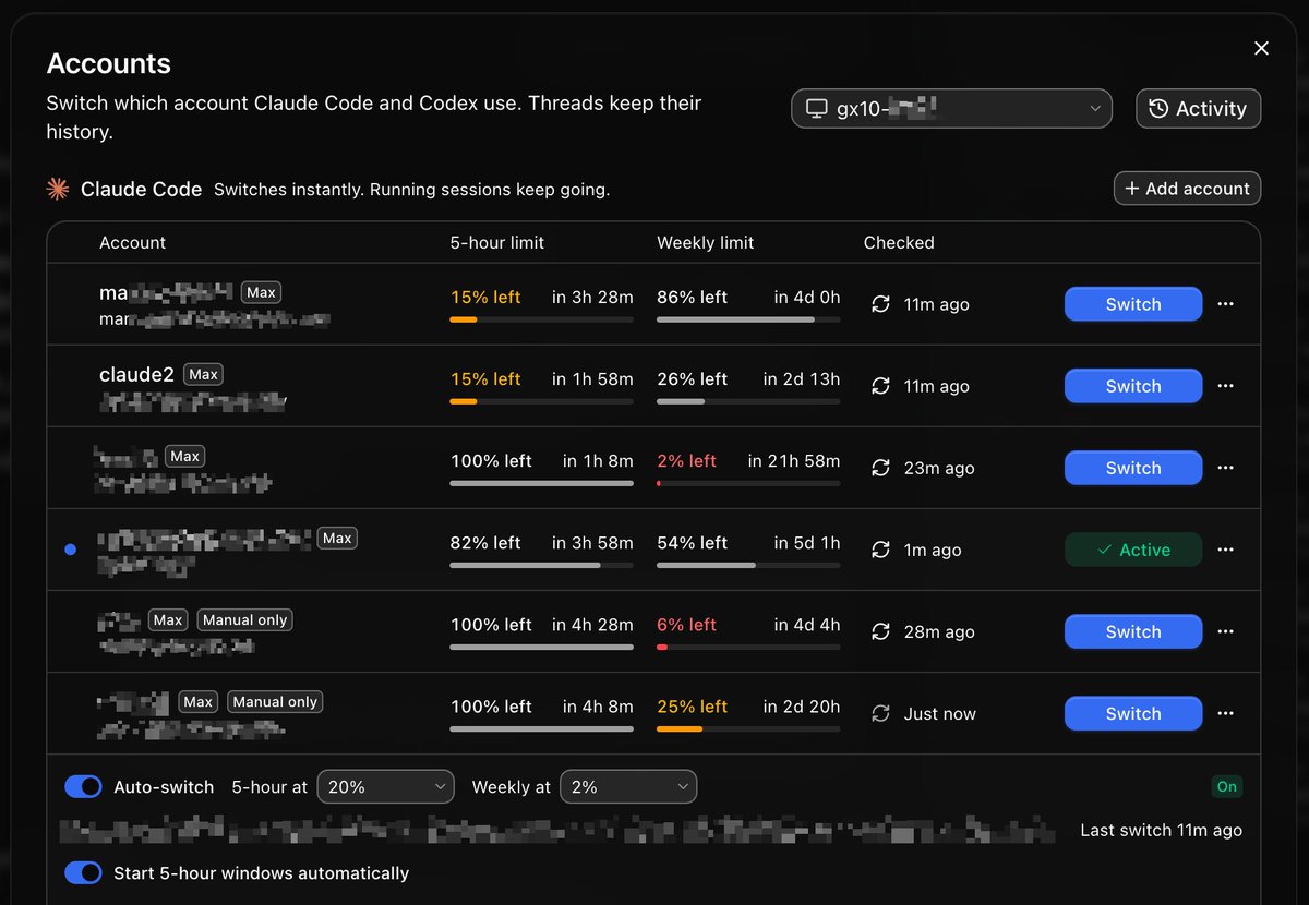 mariusgill's tweet photo. opus 5.5 is crazy. shipping so much code that just works, i had to build my own account switcher so the agents never stop

$ 1,200 for 6 accounts, 2 resets already used https://t.co/MKecxfEAyb