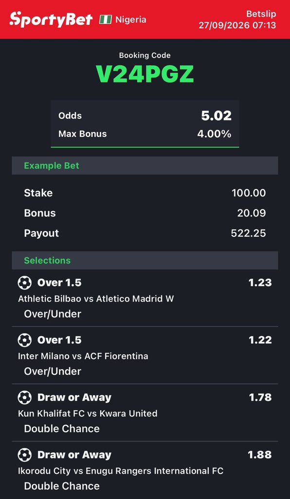 Winmula_'s tweet photo. SportyBet Lovers 🔥🔥

18 Odds

➡️Code : N55DUZ

5 odds edit : V24PGZ

🔞 Play | Edit | Ignore 

Show love ♥️, Retweet for Others 💚 https://t.co/lVKpfkluz8