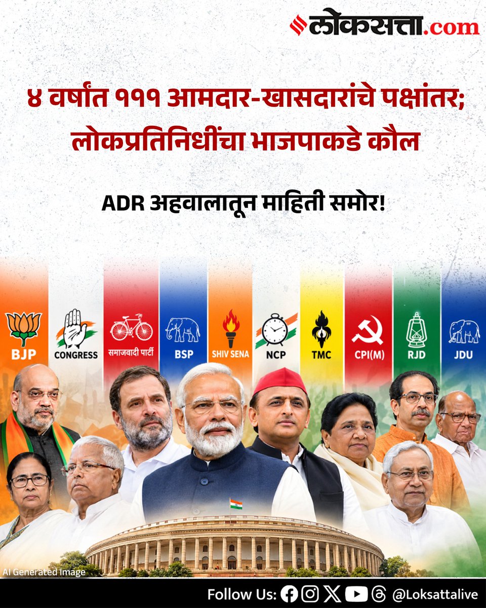 LoksattaLive's tweet photo. ४ वर्षांत १११ आमदार-खासदारांचे पक्षांतर; लोकप्रतिनिधींचा भाजपाकडे कौल,
ADR अहवालातून माहिती समोर!
https://t.co/P1S5L3mzff < येथे वाचा सविस्तर वृत्त
#Marathinews #ADRReport #Pakshantar #BJP #MaharashtraPolitics https://t.co/xfrW7xa4oG