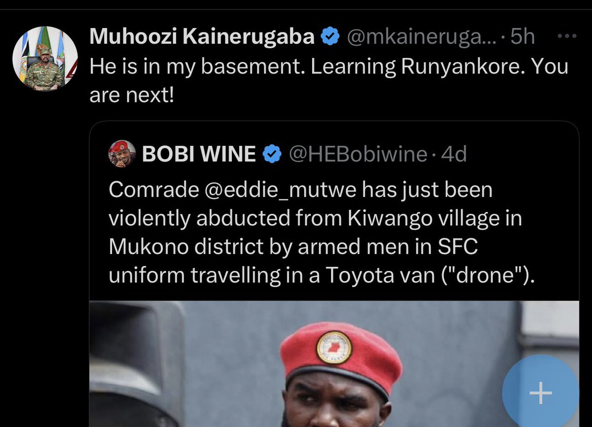 HEBobiwine's tweet photo. Lest the world forget forget, dictator Museveni's deranged son, Muhoozi, had comrade Eddie Mutwe abducted in April last year. Muhoozi later posted a photo of Eddie Mutwe, shirtless and appearing to bleed, boasting that he was teaching him Runyankore and using him as a punching bag. He added that I was next on his list. 

Once the coward Muhoozi felt he had tortured Eddie enough, he sent him to jail where he remains to this day; denied bail everytime he has sought it. And yet Muhoozi still isn't satisfied. He is now threatening to hang Eddie Mutwe, and other NUP prisoners, "soon"! The good news is that we worship a Living God, and are taking whatever action we can to subdue this monster. Uganda will survive Museveni and his witless son, the same way it has survived every other tyrant before them!
