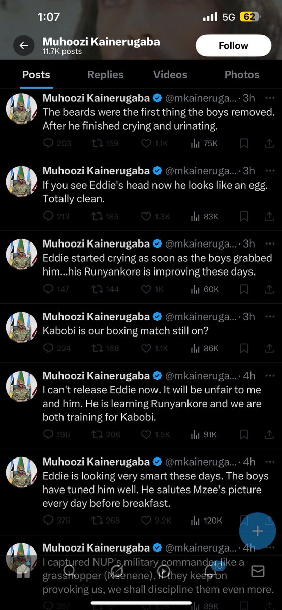 HEBobiwine's tweet photo. Lest the world forget forget, dictator Museveni's deranged son, Muhoozi, had comrade Eddie Mutwe abducted in April last year. Muhoozi later posted a photo of Eddie Mutwe, shirtless and appearing to bleed, boasting that he was teaching him Runyankore and using him as a punching bag. He added that I was next on his list. 

Once the coward Muhoozi felt he had tortured Eddie enough, he sent him to jail where he remains to this day; denied bail everytime he has sought it. And yet Muhoozi still isn't satisfied. He is now threatening to hang Eddie Mutwe, and other NUP prisoners, "soon"! The good news is that we worship a Living God, and are taking whatever action we can to subdue this monster. Uganda will survive Museveni and his witless son, the same way it has survived every other tyrant before them!
