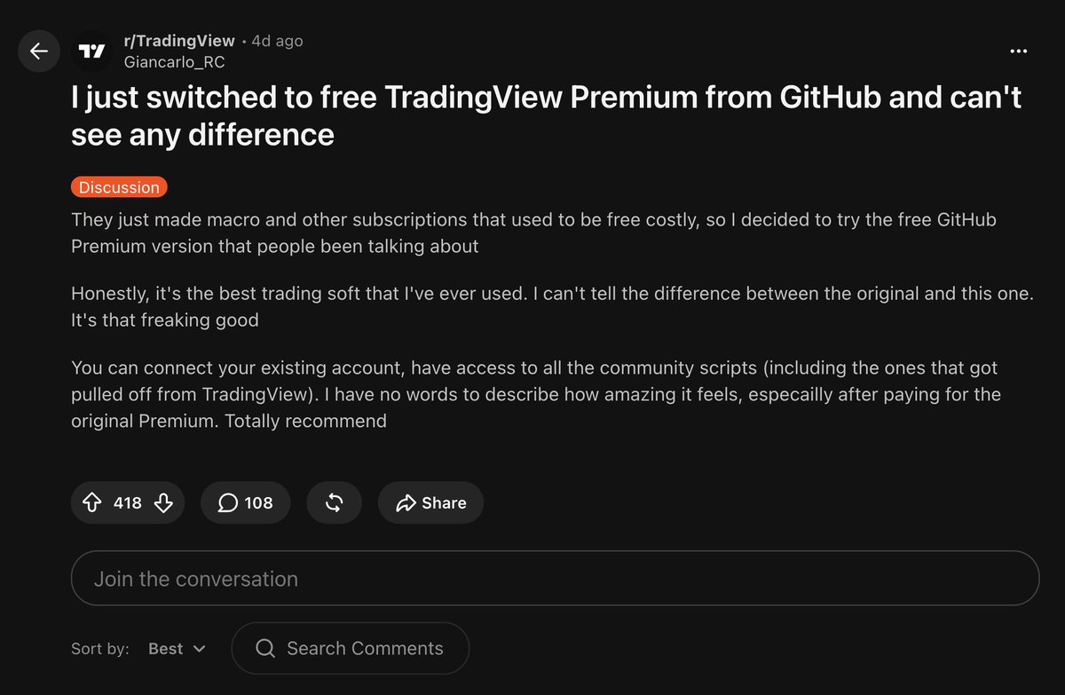 cryptotrice's tweet photo. People on Reddit are massively switching to free TradingView Premium from GitHub

The open-source version just hit 41K stars and is growing, especially after TradingView made real-time data paid

It's currently available for Windows and Mac, and the GitHub repo is accessible through the app

Read the full guide below on how to get it and bookmark it