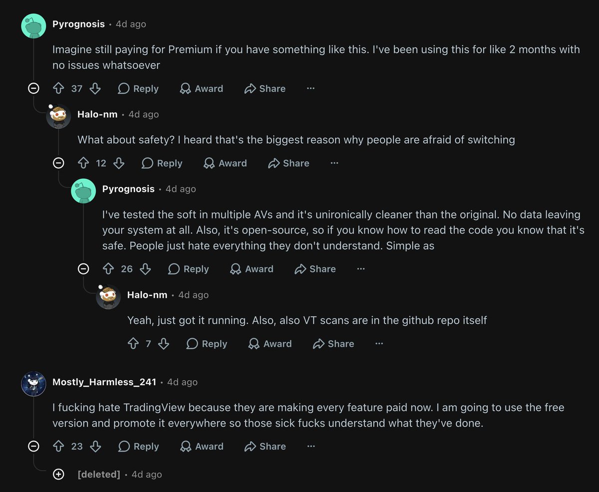 cryptotrice's tweet photo. People on Reddit are massively switching to free TradingView Premium from GitHub

The open-source version just hit 41K stars and is growing, especially after TradingView made real-time data paid

It's currently available for Windows and Mac, and the GitHub repo is accessible through the app

Read the full guide below on how to get it and bookmark it