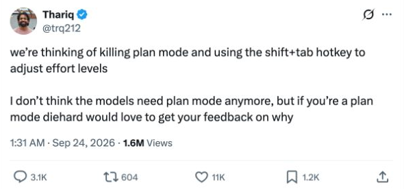 LeoGuoLabs's tweet photo. Two days apart: Claude Code’s team floated killing Plan Mode, while Google Antigravity announced a dedicated /plan mode.

One side is asking whether models have outgrown it; the other is announcing its return. Quite a contrast in where each team thinks coding agents should be.

For context: Claude’s team later proposed keeping it as a built-in mod. Google says /plan was brought back at users’ request.