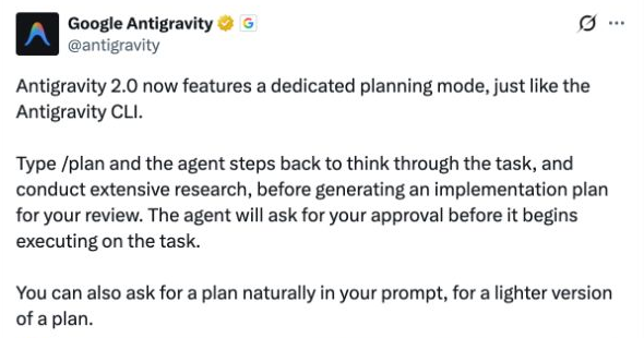 LeoGuoLabs's tweet photo. Two days apart: Claude Code’s team floated killing Plan Mode, while Google Antigravity announced a dedicated /plan mode.

One side is asking whether models have outgrown it; the other is announcing its return. Quite a contrast in where each team thinks coding agents should be.

For context: Claude’s team later proposed keeping it as a built-in mod. Google says /plan was brought back at users’ request.