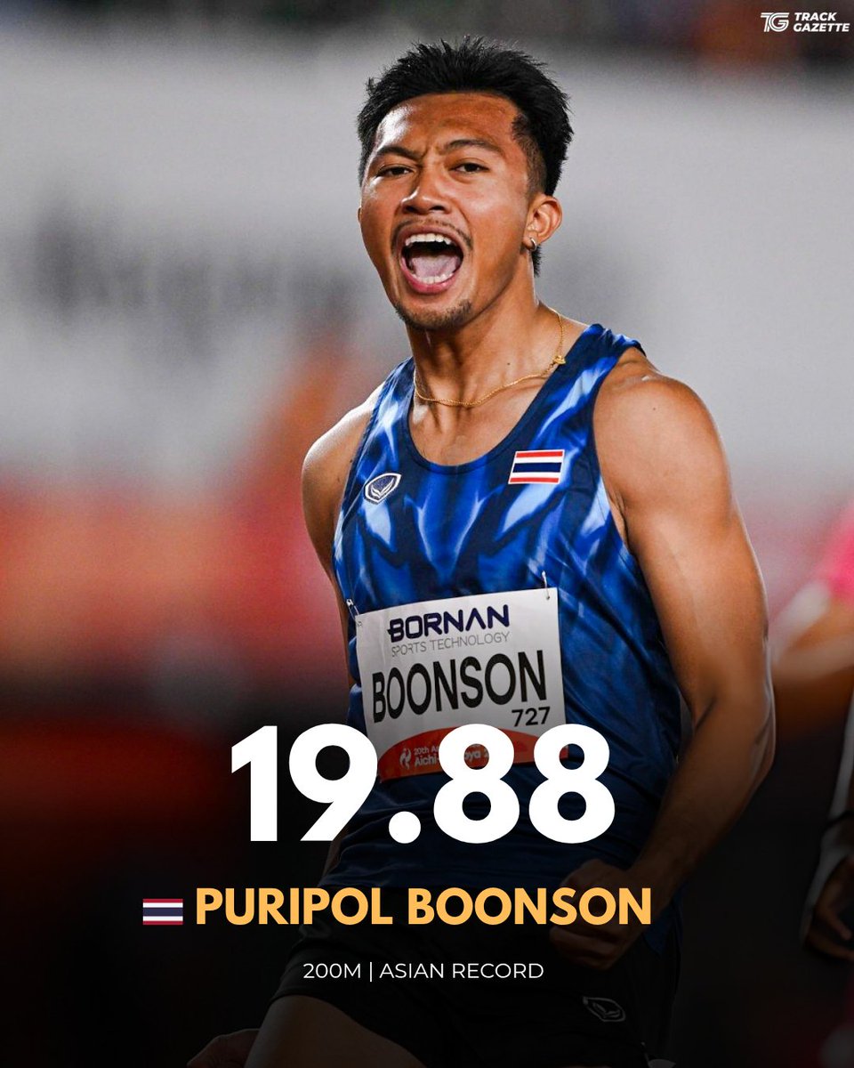 TrackGazette's tweet photo. ASIAN RECORD!!!🤯🔥

Puripol Boonson 🇹🇭 wins GOLD in the men's 200m at the Asian Games in Nagoya, powering to a PB, Thai National Record and Asian Record of 19.88s (-0.3) under drizzling rain!

He equalled the Asian Record set by Xie Zhenye in 2019, also becoming just the 3rd Asian man ever to break 20 seconds.

Youwen Huang 🇨🇳 took Silver in 20.45s, while Soshi Mizukubo 🇯🇵 won Bronze in 20.56s.